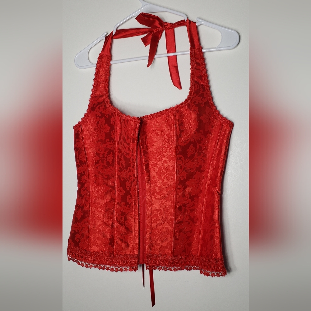 Kimring red jacquard halter style lace up back corset. Xl
